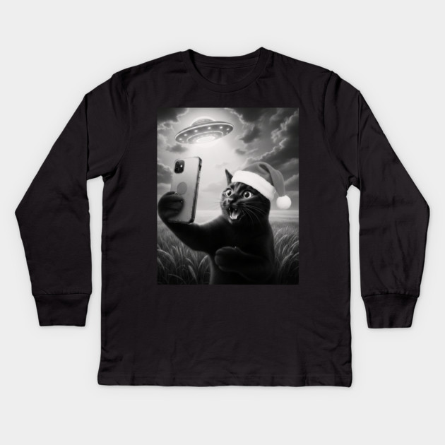 Christmas Cat UFO Kids Long Sleeve T-Shirt by CreativeSage