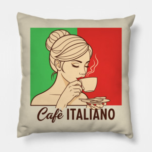 Elegant Italian Woman Sips Steamy Cafè Pillow