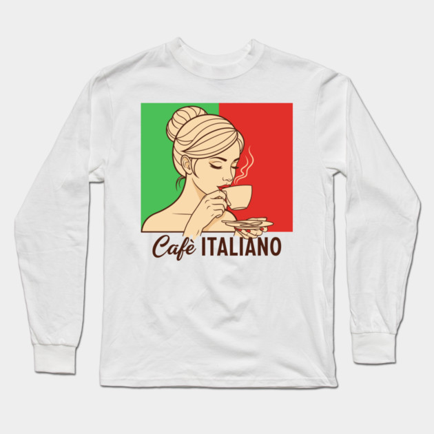 Elegant Italian Woman Sips Steamy Cafè Long Sleeve T-Shirt by enrynz