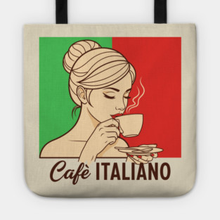 Elegant Italian Woman Sips Steamy Cafè Tote