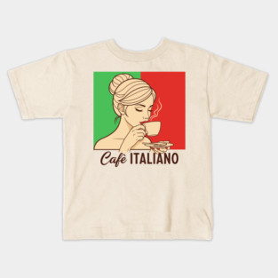 Elegant Italian Woman Sips Steamy Cafè Kids T-Shirt