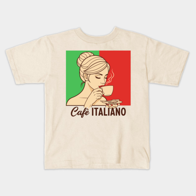 Elegant Italian Woman Sips Steamy Cafè Kids T-Shirt by enrynz