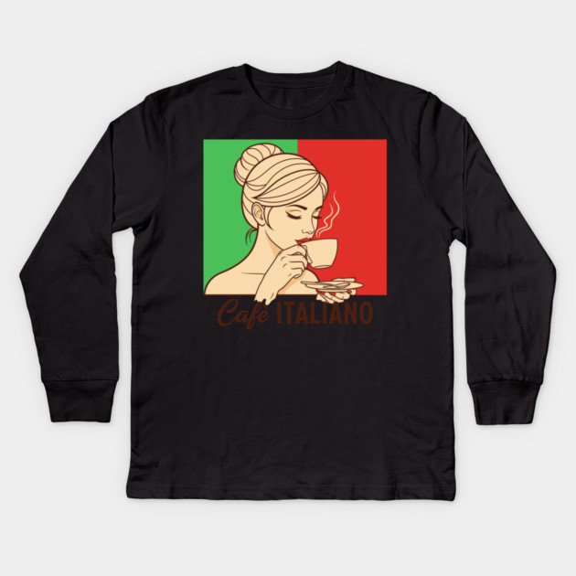 Elegant Italian Woman Sips Steamy Cafè Kids Long Sleeve T-Shirt by enrynz