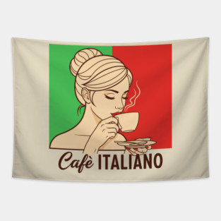 Elegant Italian Woman Sips Steamy Cafè Tapestry