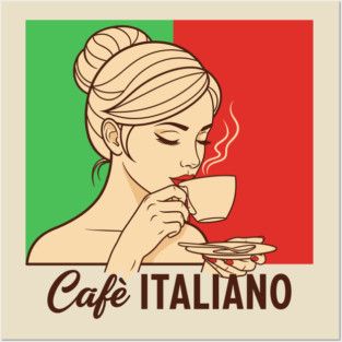 Elegant Italian Woman Sips Steamy Cafè Posters and Art