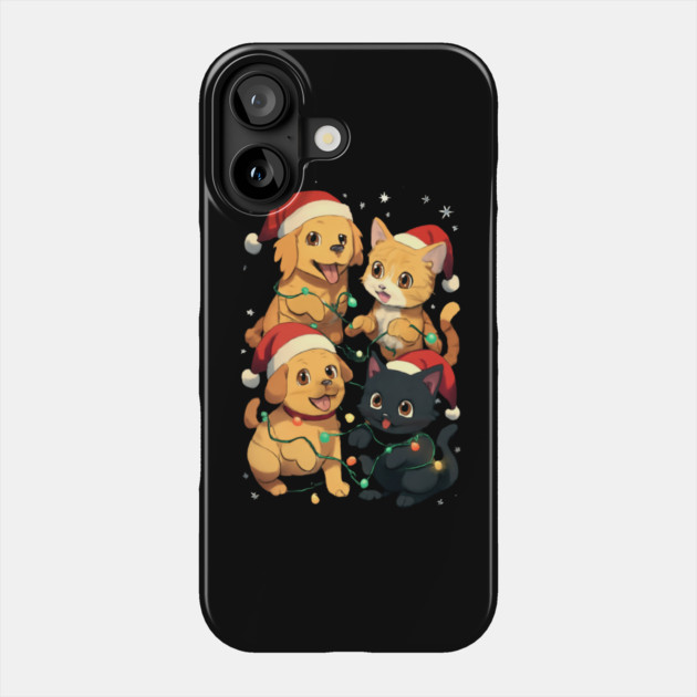 Playful Pets Tangle in Christmas Lights with Santa Hats Phone Case by Creatifly Graphic Tees