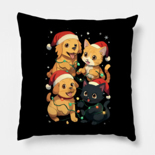 Playful Pets Tangle in Christmas Lights with Santa Hats Pillow