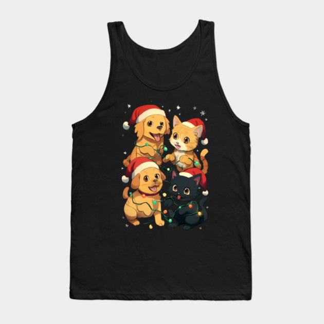 Playful Pets Tangle in Christmas Lights with Santa Hats Tank Top by Creatifly Graphic Tees