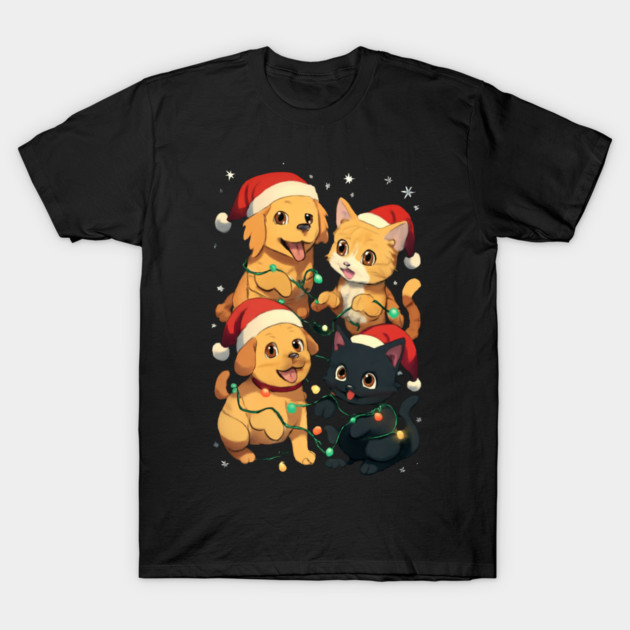 Playful Pets Tangle in Christmas Lights with Santa Hats T-Shirt by Creatifly Graphic Tees