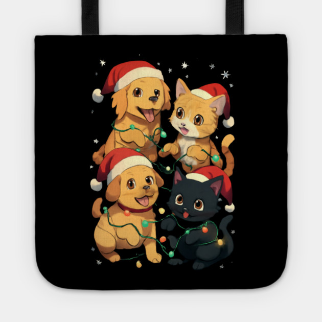 Playful Pets Tangle in Christmas Lights with Santa Hats Tote by Creatifly Graphic Tees