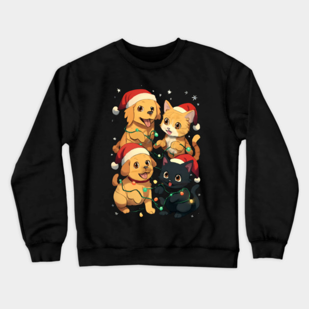 Playful Pets Tangle in Christmas Lights with Santa Hats Crewneck Sweatshirt by Creatifly Graphic Tees