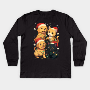 Playful Pets Tangle in Christmas Lights with Santa Hats Kids Long Sleeve T-Shirt