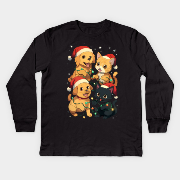 Playful Pets Tangle in Christmas Lights with Santa Hats Kids Long Sleeve T-Shirt by Creatifly Graphic Tees
