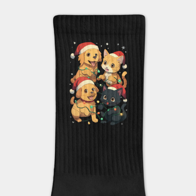 Playful Pets Tangle in Christmas Lights with Santa Hats by Creatifly Graphic Tees