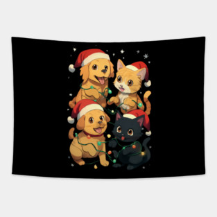 Playful Pets Tangle in Christmas Lights with Santa Hats Tapestry