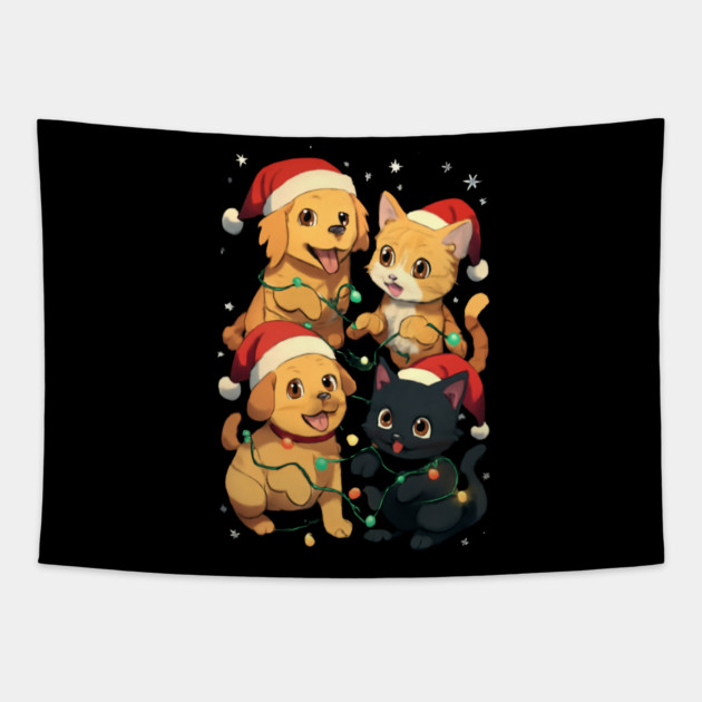 Playful Pets Tangle in Christmas Lights with Santa Hats Tapestry by Creatifly Graphic Tees