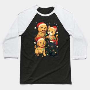 Playful Pets Tangle in Christmas Lights with Santa Hats Baseball T-Shirt