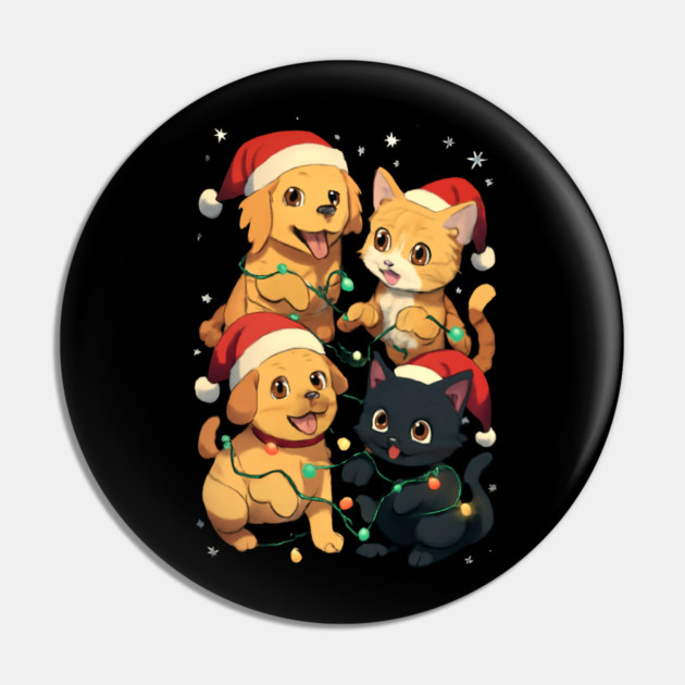 Playful Pets Tangle in Christmas Lights with Santa Hats Pin by Creatifly Graphic Tees
