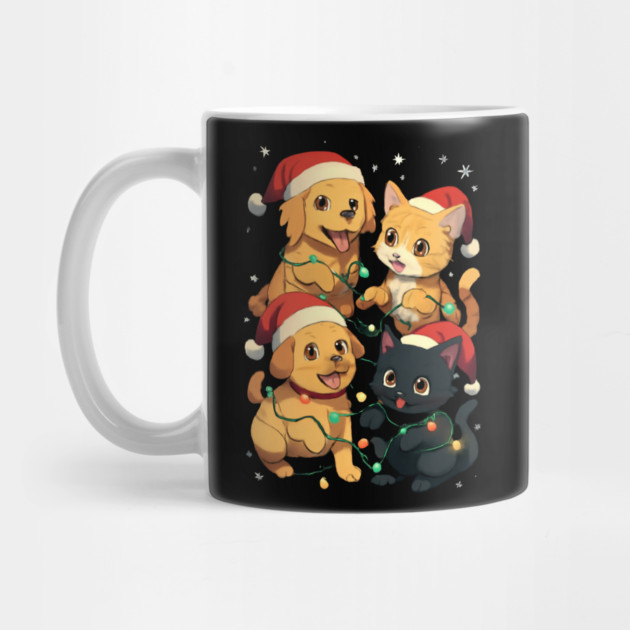 Playful Pets Tangle in Christmas Lights with Santa Hats by Creatifly Graphic Tees