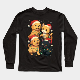 Playful Pets Tangle in Christmas Lights with Santa Hats Long Sleeve T-Shirt