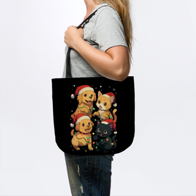 Playful Pets Tangle in Christmas Lights with Santa Hats by Creatifly Graphic Tees