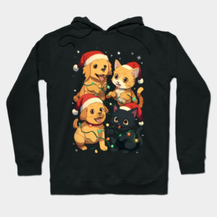 Playful Pets Tangle in Christmas Lights with Santa Hats Hoodie