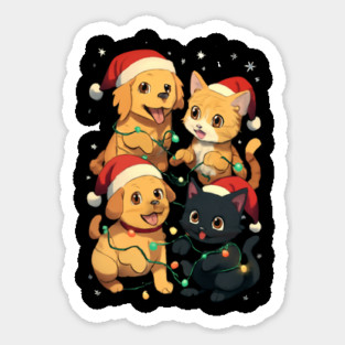 Playful Pets Tangle in Christmas Lights with Santa Hats Sticker