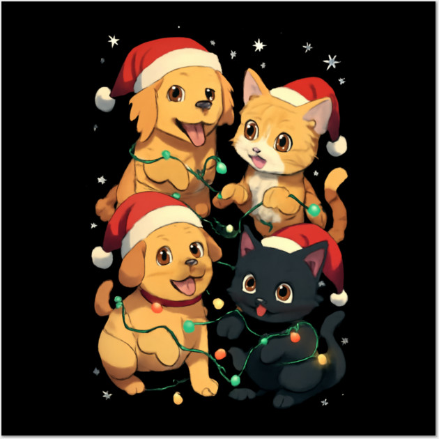 Playful Pets Tangle in Christmas Lights with Santa Hats Wall Art by Creatifly Graphic Tees