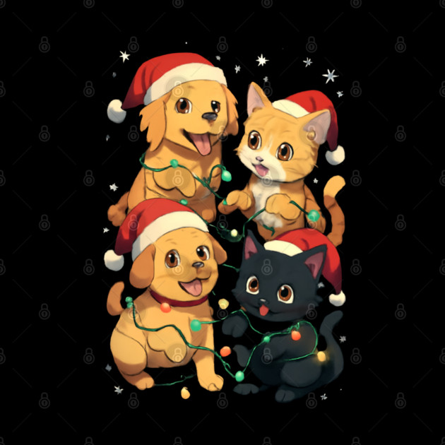 Playful Pets Tangle in Christmas Lights with Santa Hats by Creatifly Graphic Tees