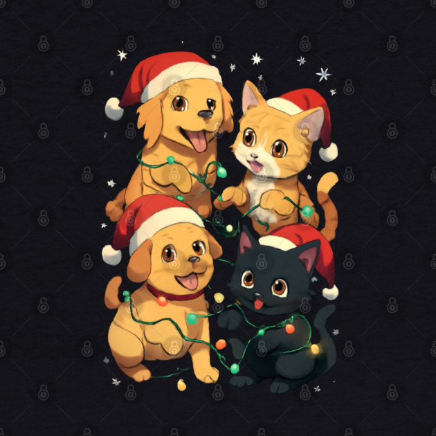 Playful Pets Tangle in Christmas Lights with Santa Hats by Creatifly Graphic Tees