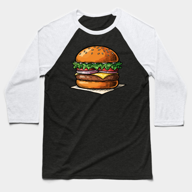 Classic Juicy Cheeseburger Baseball T-Shirt by Digironin