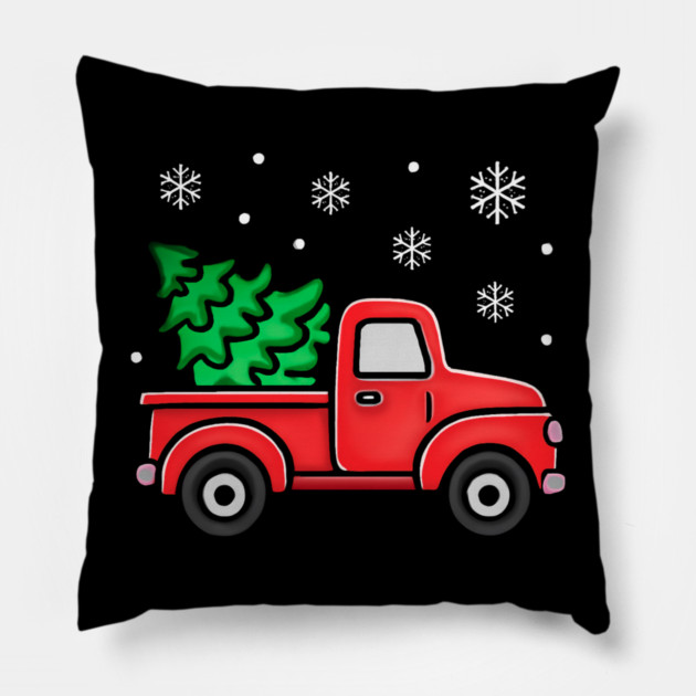 Vintage Pickup Truck with Christmas Tree and Snowflakes Pillow by Creatifly Graphic Tees