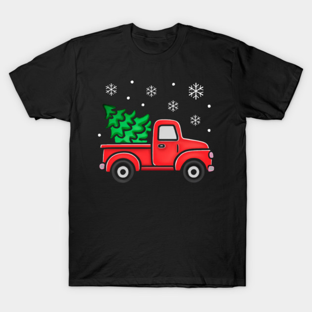 Vintage Pickup Truck with Christmas Tree and Snowflakes T-Shirt by Creatifly Graphic Tees
