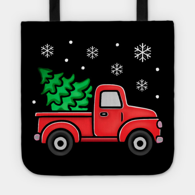 Vintage Pickup Truck with Christmas Tree and Snowflakes Tote by Creatifly Graphic Tees