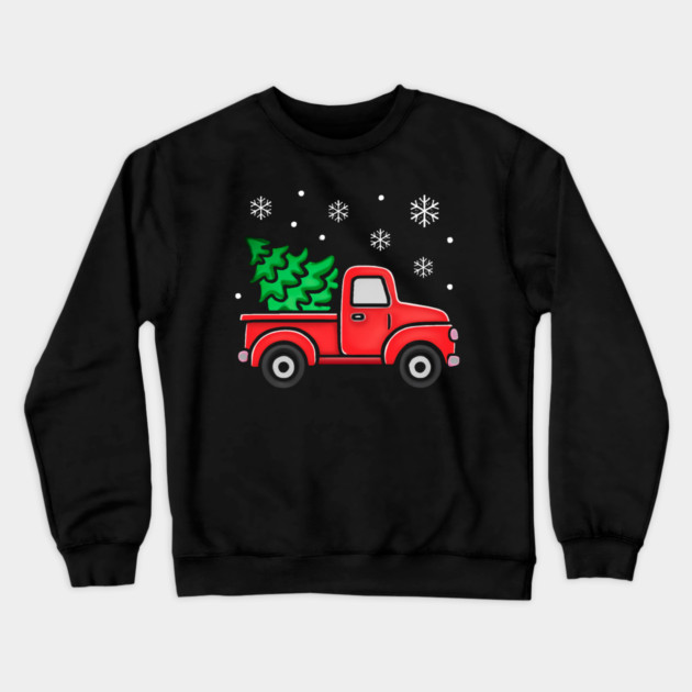 Vintage Pickup Truck with Christmas Tree and Snowflakes Crewneck Sweatshirt by Creatifly Graphic Tees