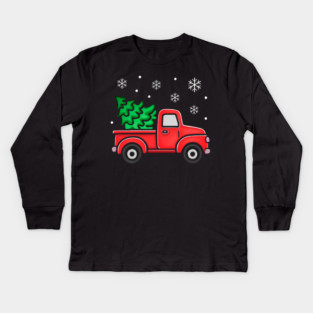 Vintage Pickup Truck with Christmas Tree and Snowflakes Kids Long Sleeve T-Shirt