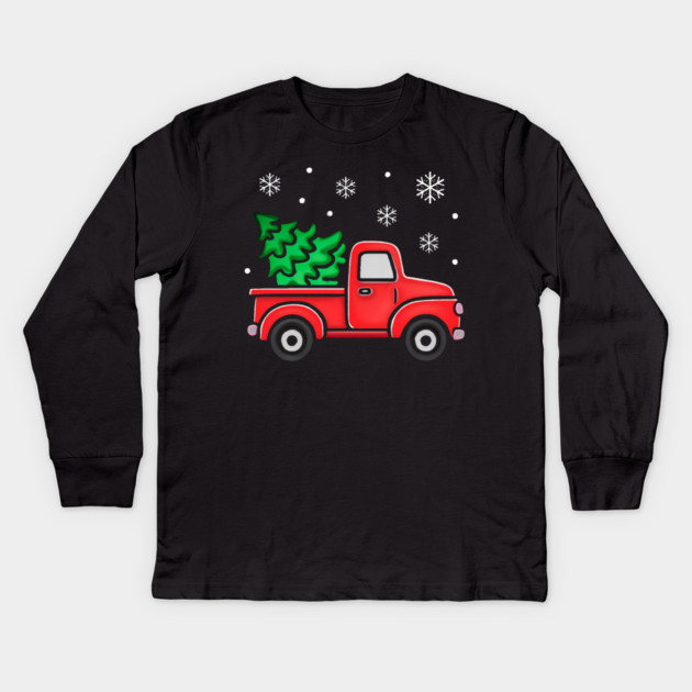 Vintage Pickup Truck with Christmas Tree and Snowflakes Kids Long Sleeve T-Shirt by Creatifly Graphic Tees