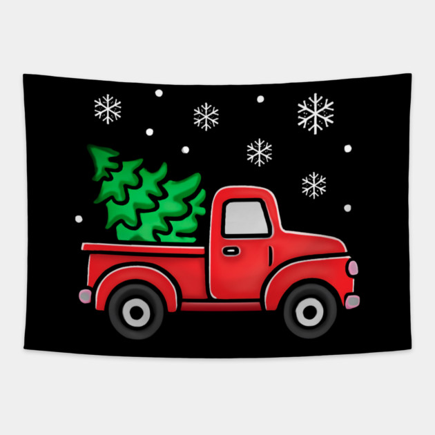Vintage Pickup Truck with Christmas Tree and Snowflakes Tapestry by Creatifly Graphic Tees