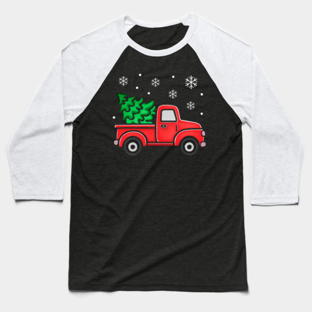 Vintage Pickup Truck with Christmas Tree and Snowflakes Baseball T-Shirt by Creatifly Graphic Tees