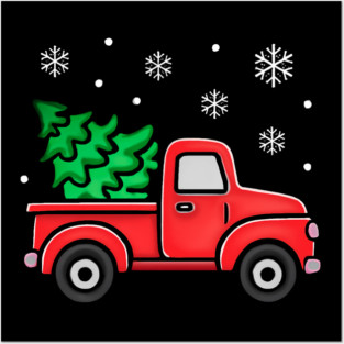 Vintage Pickup Truck with Christmas Tree and Snowflakes Posters and Art