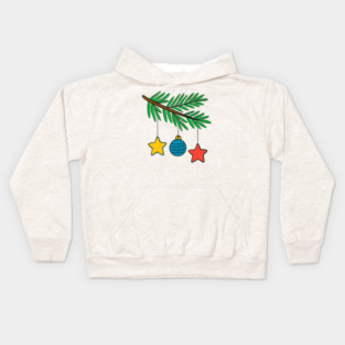 Festive Pine Branch with Colorful Ornaments Kids Hoodie