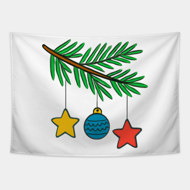 Festive Pine Branch with Colorful Ornaments Tapestry by Creatifly Graphic Tees