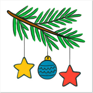 Festive Pine Branch with Colorful Ornaments Posters and Art