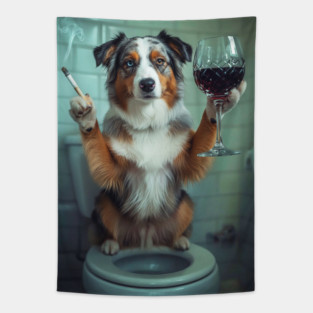 Funny Australian Shepherd Drinking Red Wine On Toilet Tapestry