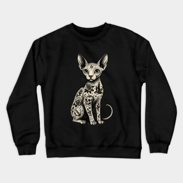 Tattooed Sphynx Cat Crewneck Sweatshirt by Demian Stipatio