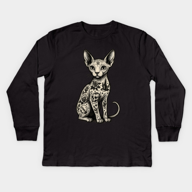 Tattooed Sphynx Cat Kids Long Sleeve T-Shirt by Demian Stipatio