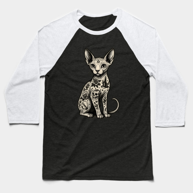 Tattooed Sphynx Cat Baseball T-Shirt by Demian Stipatio