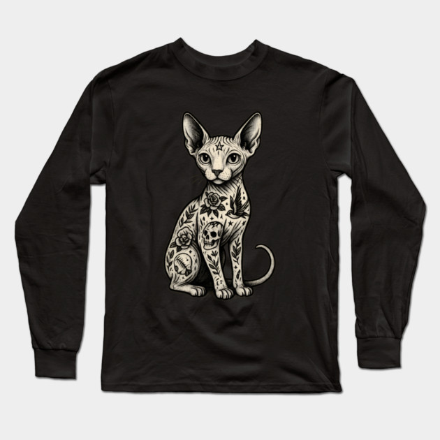 Tattooed Sphynx Cat Long Sleeve T-Shirt by Demian Stipatio