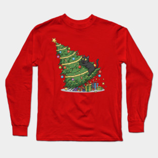 Cat Climbing the Christmas Tree Long Sleeve T-Shirt