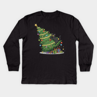 Cat Climbing the Christmas Tree Kids Long Sleeve T-Shirt
